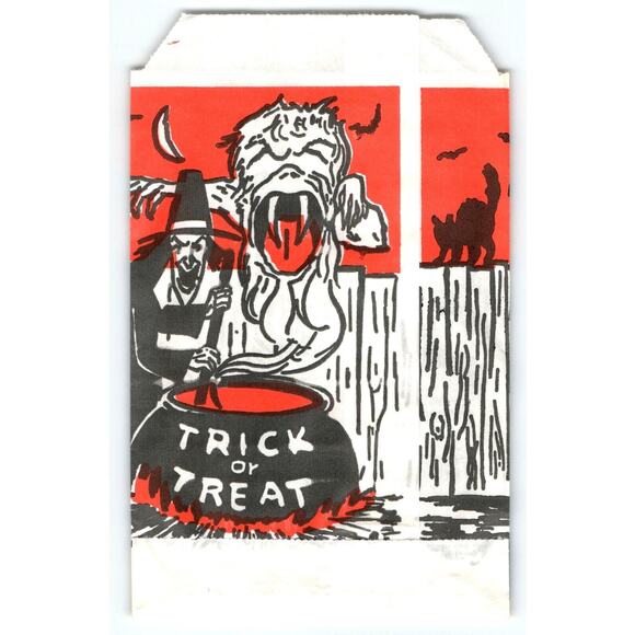 Halloween Vintage Trick Or Treat Goodie Bag Demon Goblin Witch Cauldron Bat Moon - Picture 2 of 2
